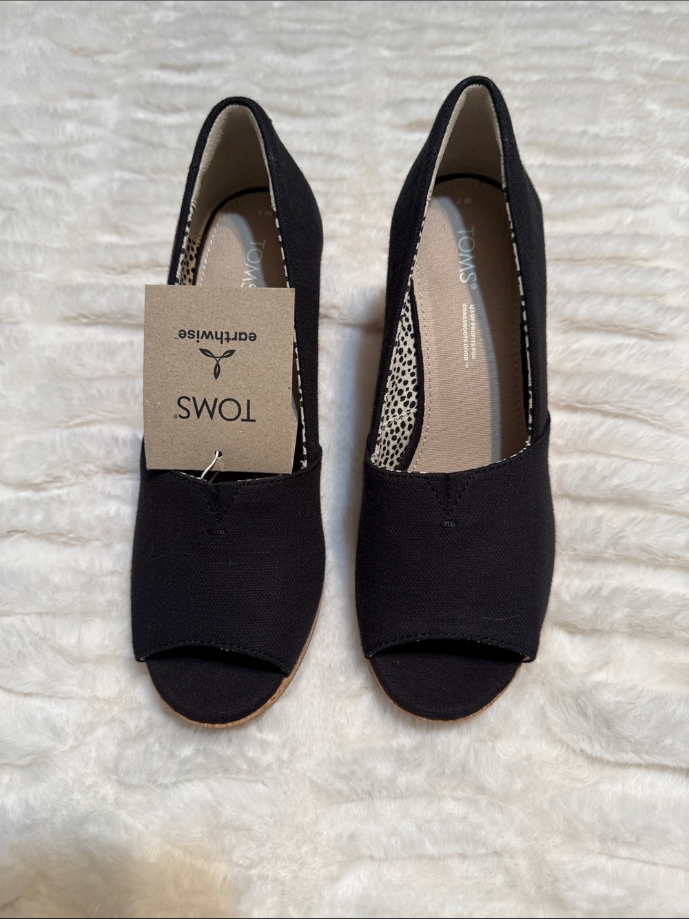 TOMS Black Canvas Open-Toe Wedge Espadrille